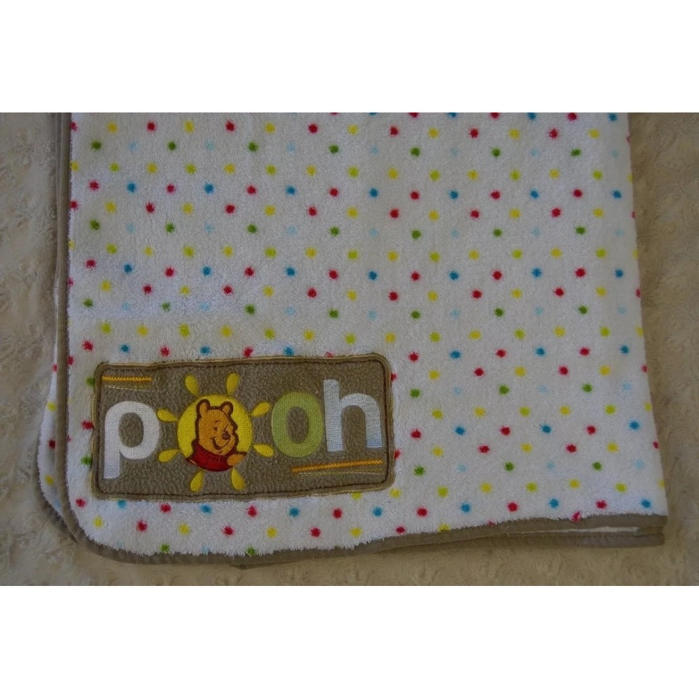 Disney Baby Winnie the Pooh Blanket Tan White Polka Dot Blue Red Yellow Green
